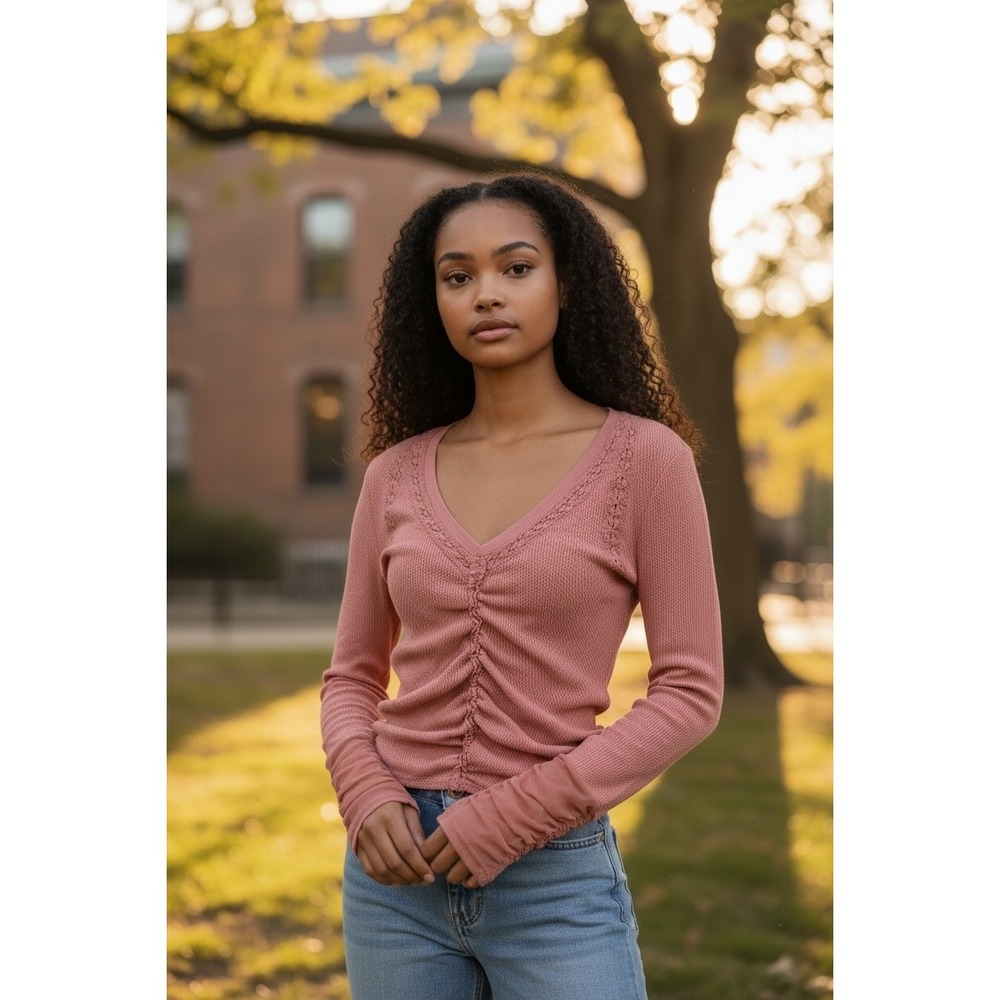 NWT Free People Rose Smoke Thermal Knit Ruched V Neck Long Sleeve Top XS - Picture 1 of 8